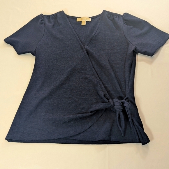 Michael Michael Kors V-Neck Waist Tie Elegant Navy Faux Wrap Blue Top Size Small - Picture 1 of 7